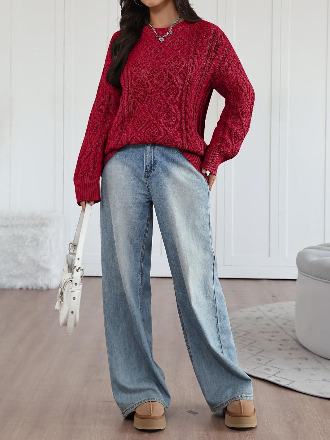 imageTrendy Queen Womens Oversized Cable Knit Crewneck Sweaters Cozy Winter ClothesRed