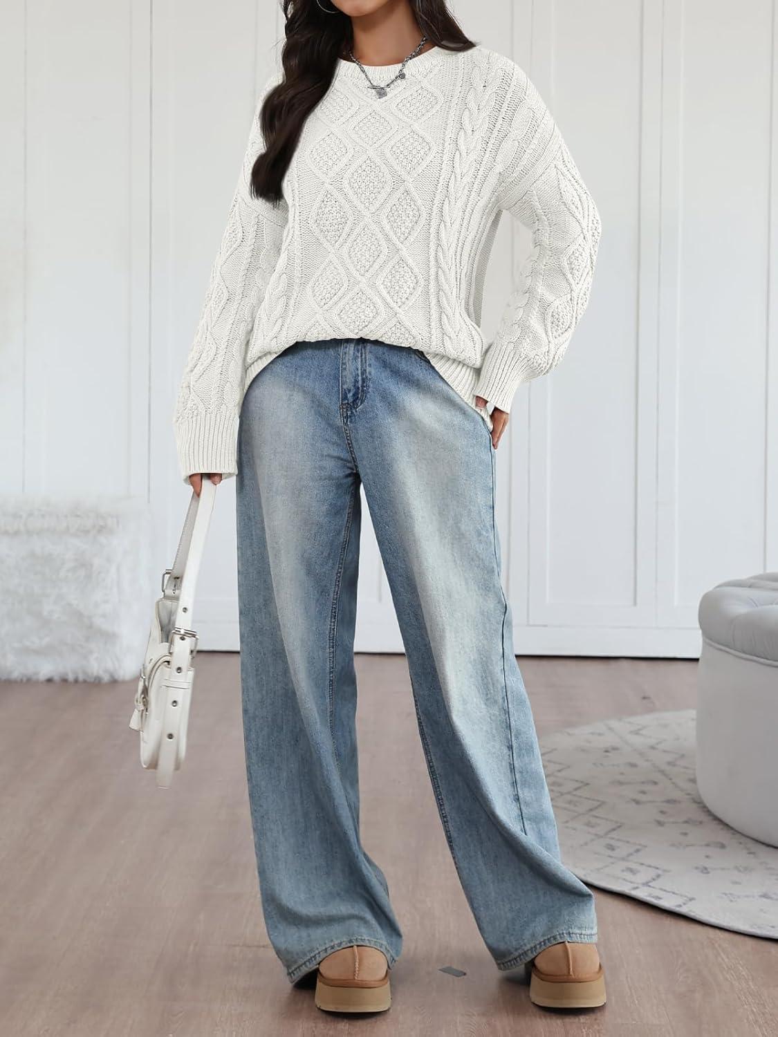 imageTrendy Queen Womens Oversized Cable Knit Crewneck Sweaters Cozy Winter ClothesWhite