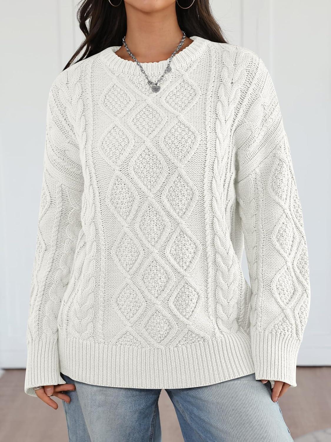 imageTrendy Queen Womens Oversized Cable Knit Crewneck Sweaters Cozy Winter ClothesWhite