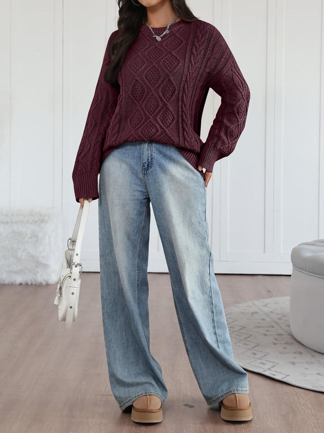 imageTrendy Queen Womens Oversized Cable Knit Crewneck Sweaters Cozy Winter ClothesWine
