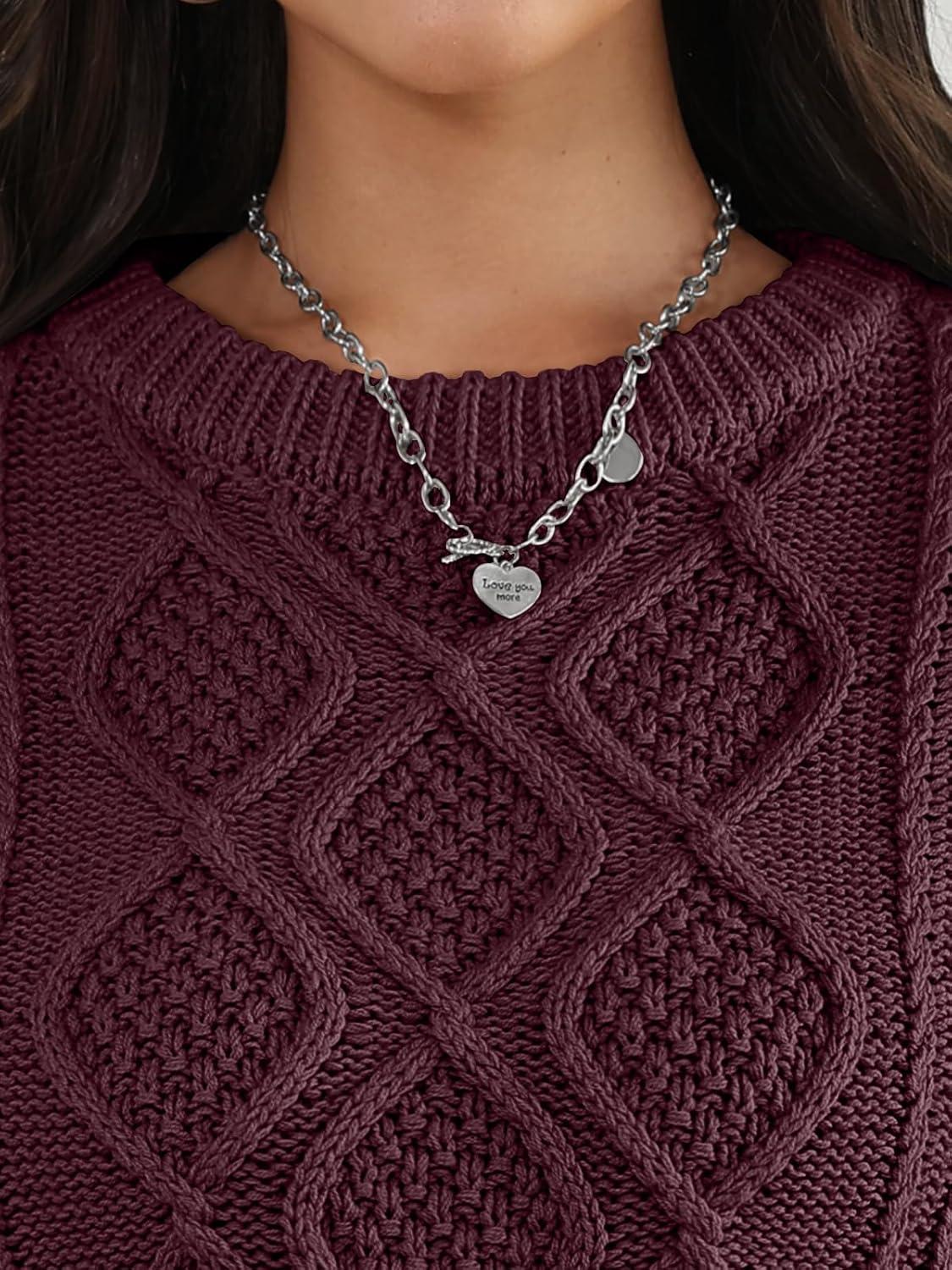 imageTrendy Queen Womens Oversized Cable Knit Crewneck Sweaters Cozy Winter ClothesWine