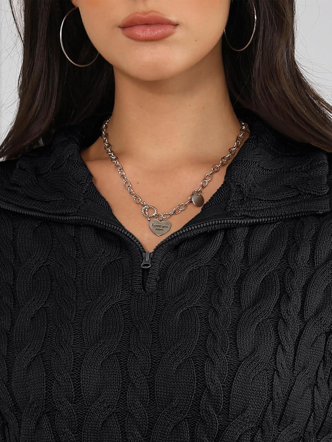 imageTrendy Queen Womens Oversized Cable Knit Quarter Zip Up Pullover Sweaters 2025Black