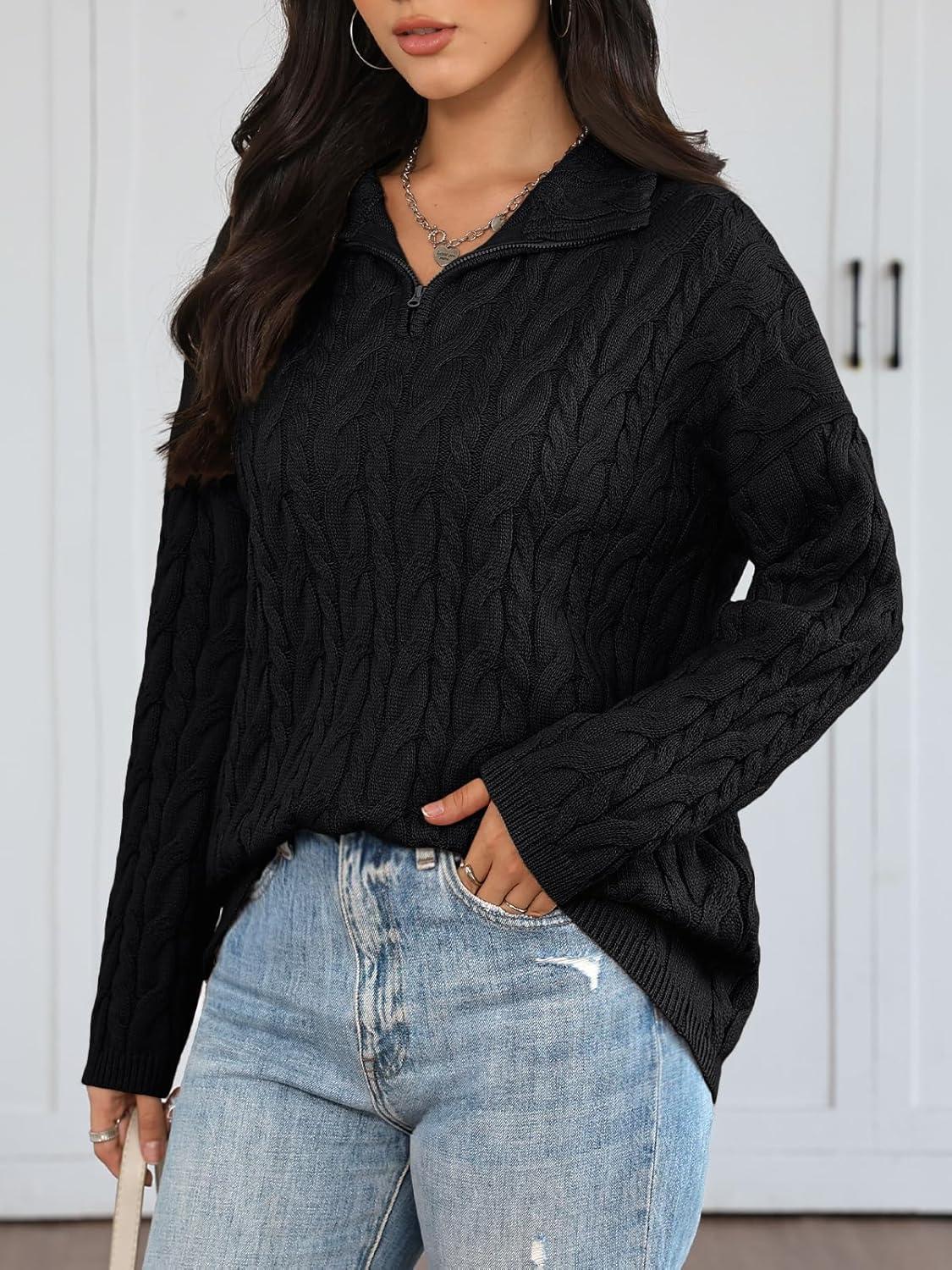 imageTrendy Queen Womens Oversized Cable Knit Quarter Zip Up Pullover Sweaters 2025Black