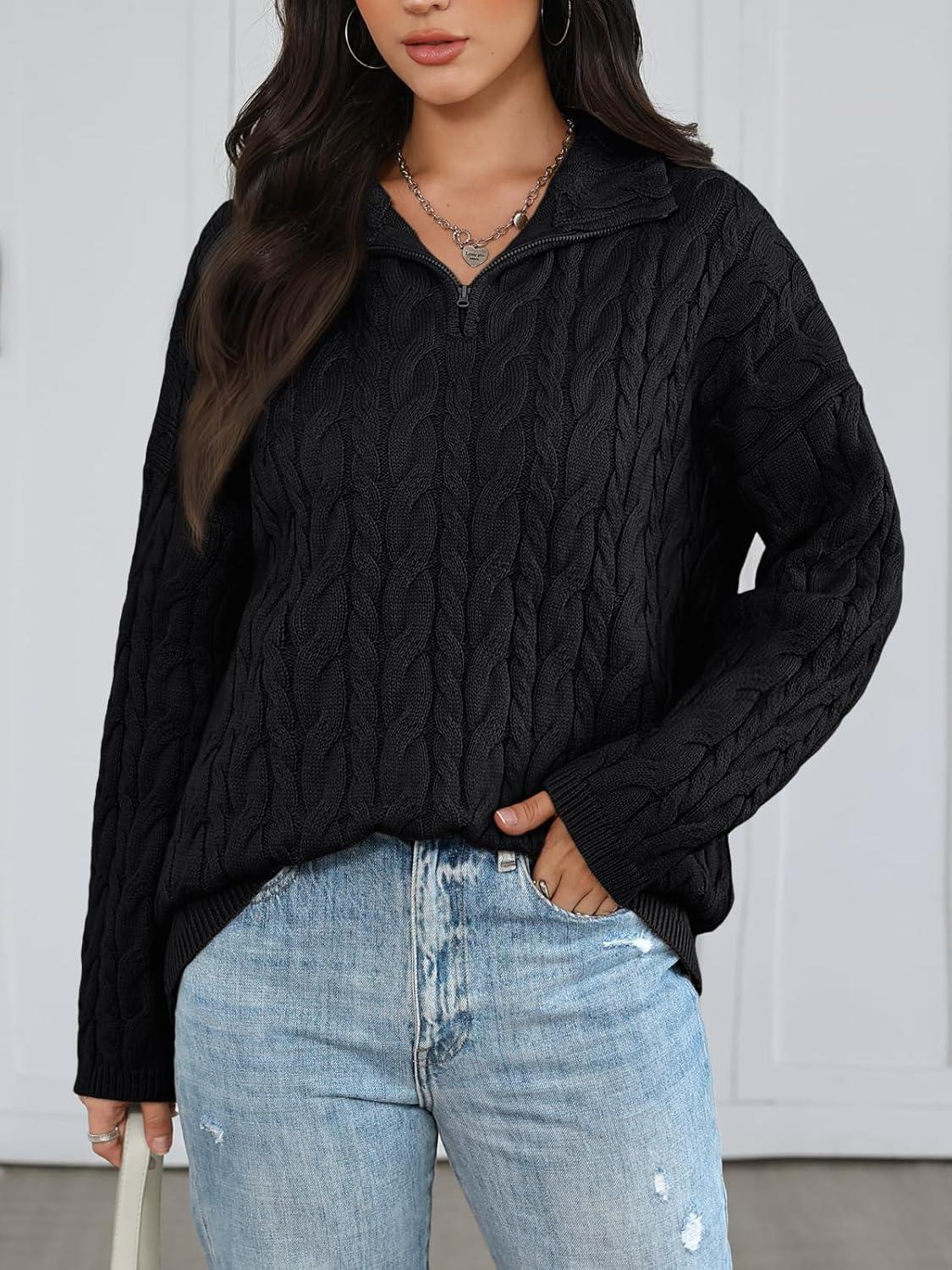 imageTrendy Queen Womens Oversized Cable Knit Quarter Zip Up Pullover Sweaters 2025Black