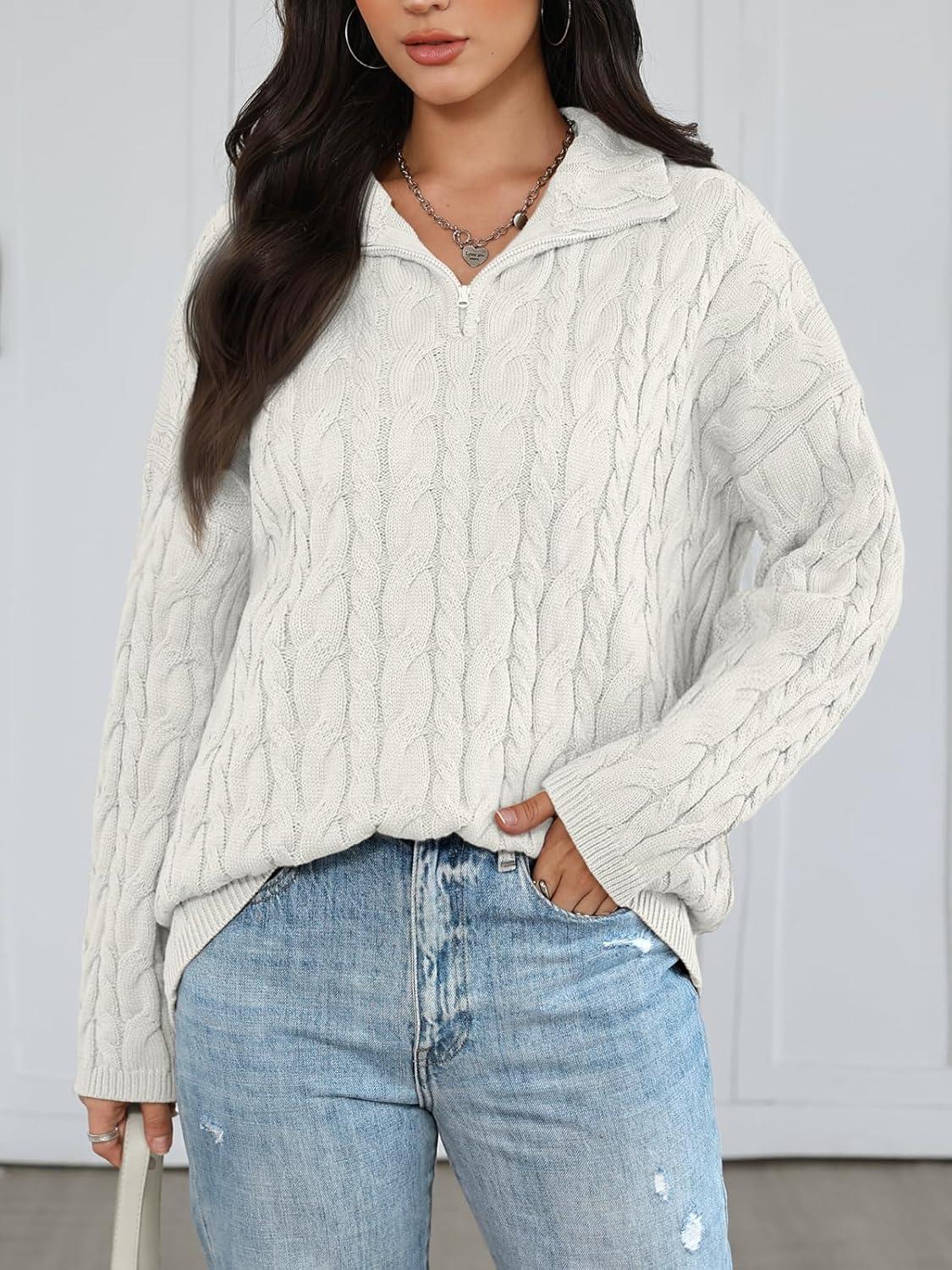 imageTrendy Queen Womens Oversized Cable Knit Quarter Zip Up Pullover Sweaters 2025Offwhite