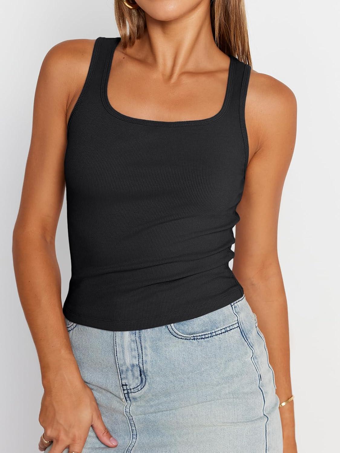 imageTrendy Queen Womens Summer Tank Tops Square Neck Ribbed Sleeveless Basic Crop Going Out Slim Fitted Y2k Clothes 2025Black