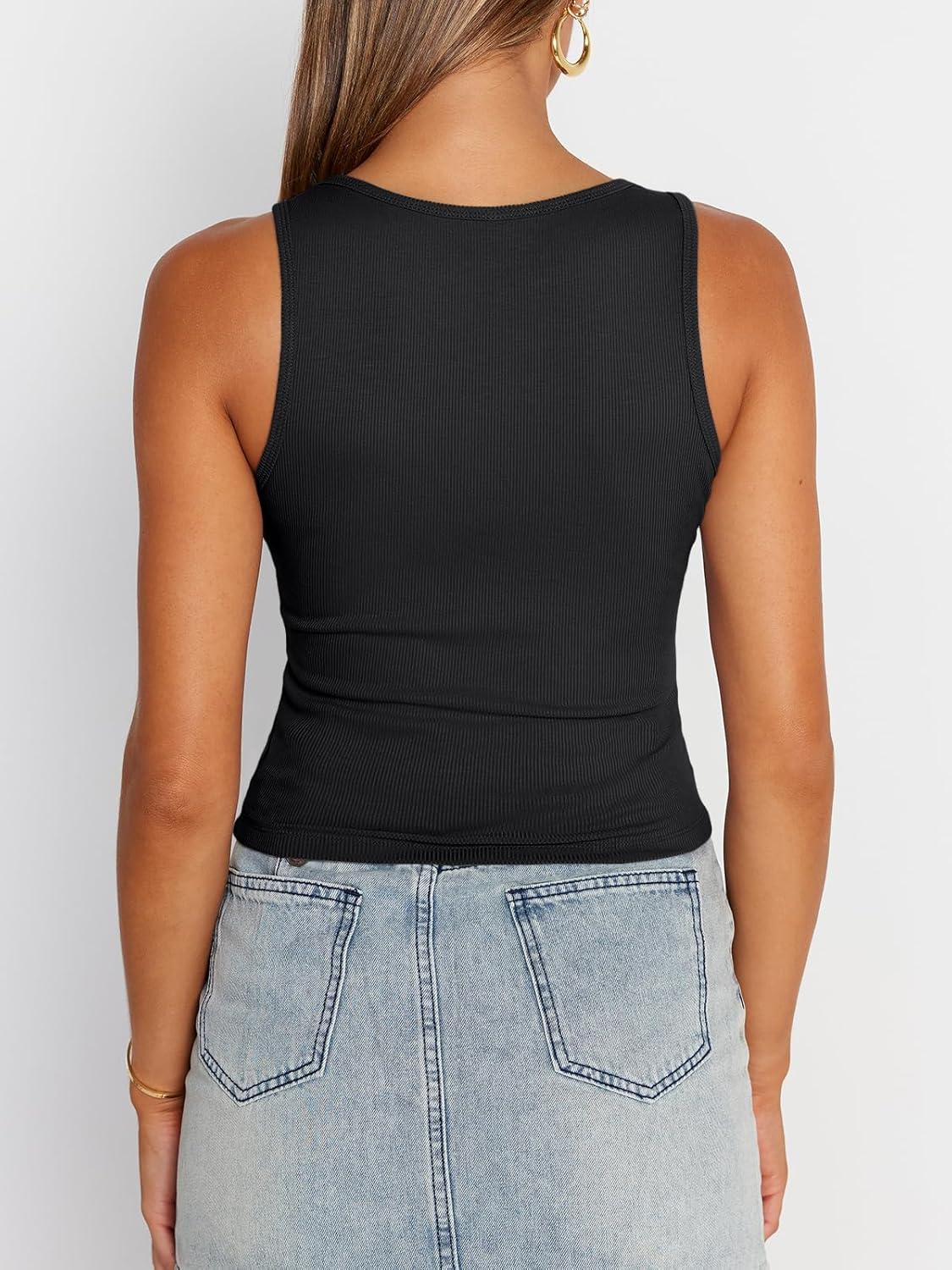 imageTrendy Queen Womens Summer Tank Tops Square Neck Ribbed Sleeveless Basic Crop Going Out Slim Fitted Y2k Clothes 2025Black
