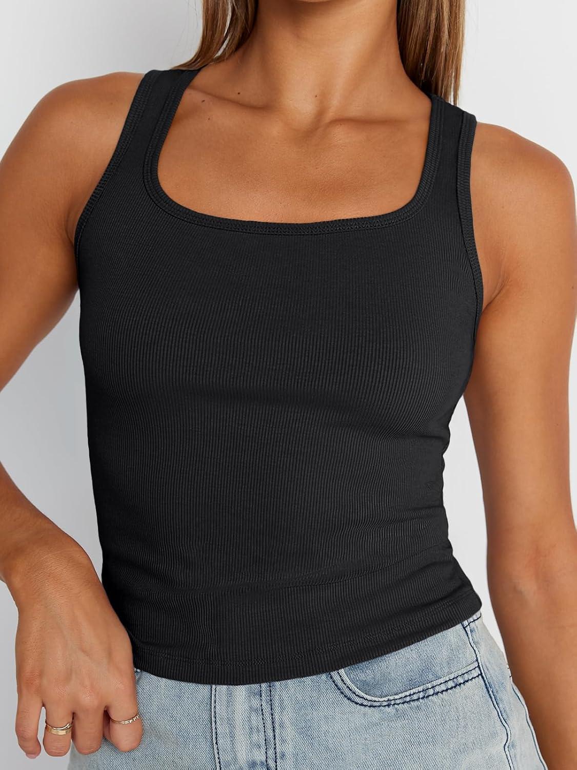 imageTrendy Queen Womens Summer Tank Tops Square Neck Ribbed Sleeveless Basic Crop Going Out Slim Fitted Y2k Clothes 2025Black