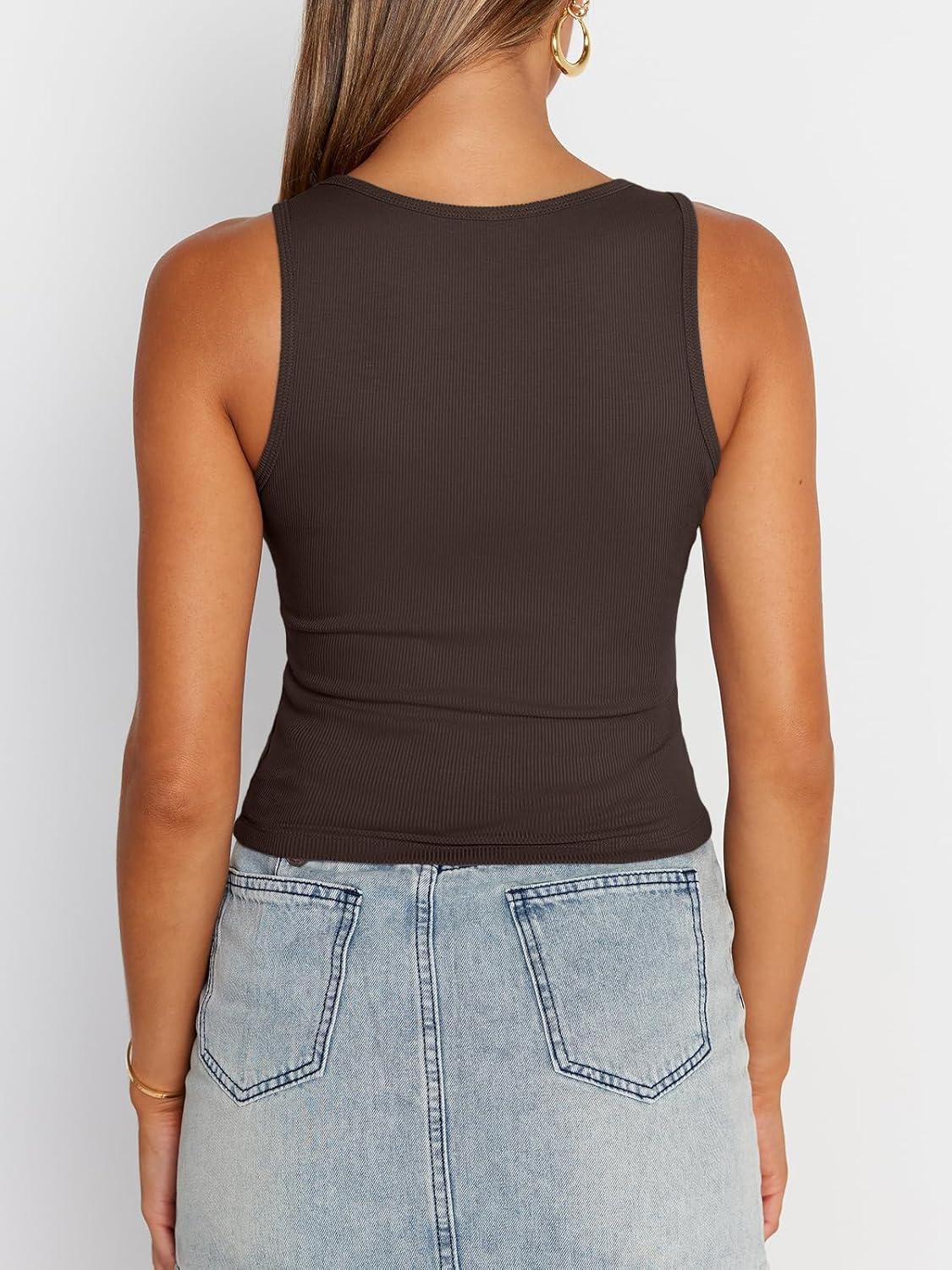 imageTrendy Queen Womens Summer Tank Tops Square Neck Ribbed Sleeveless Basic Crop Going Out Slim Fitted Y2k Clothes 2025Coffee