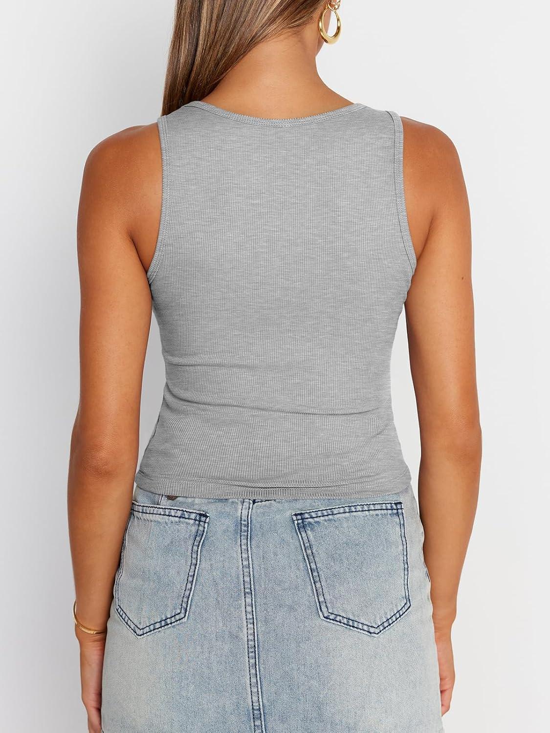 imageTrendy Queen Womens Summer Tank Tops Square Neck Ribbed Sleeveless Basic Crop Going Out Slim Fitted Y2k Clothes 2025Grey