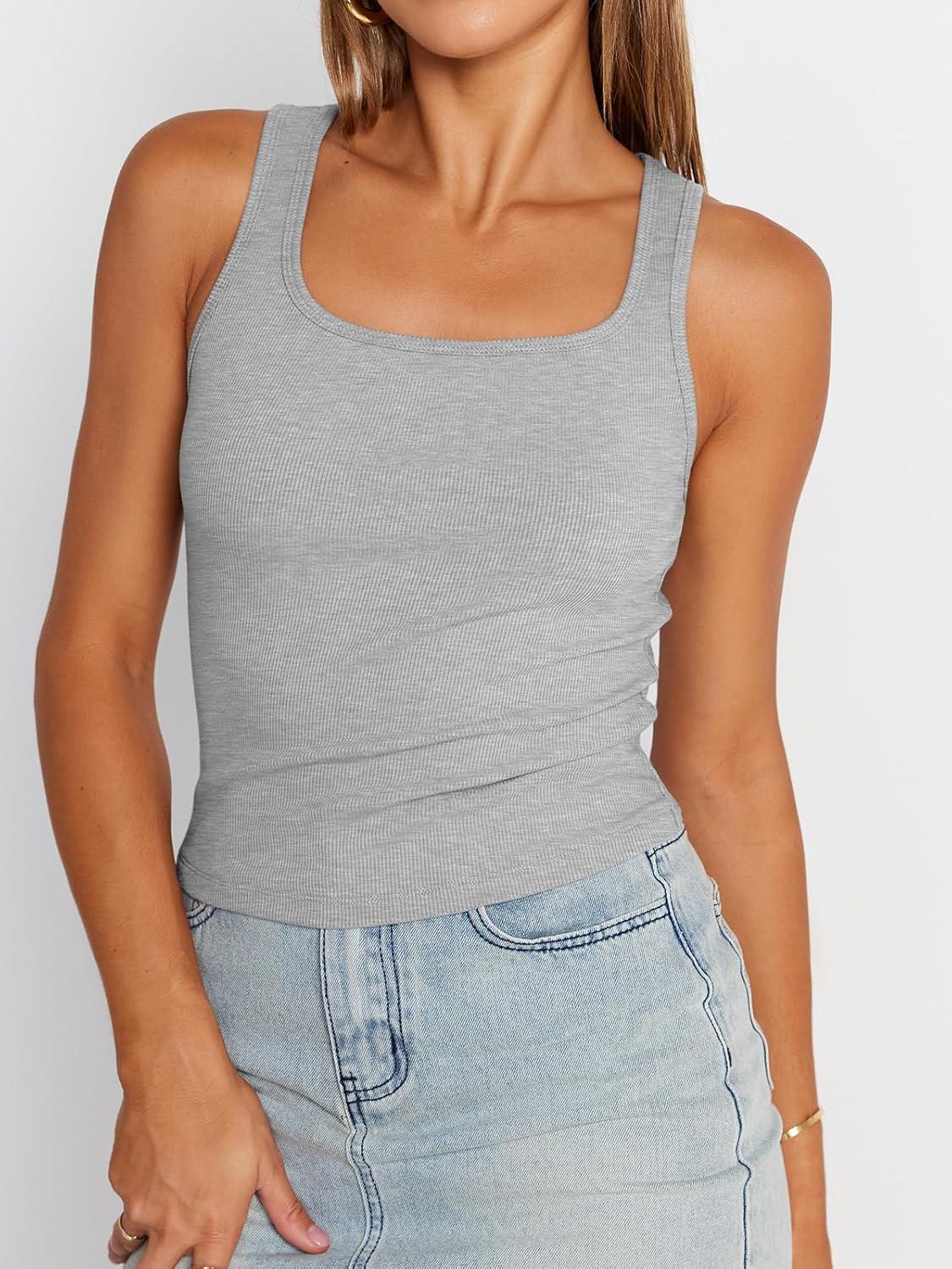 imageTrendy Queen Womens Summer Tank Tops Square Neck Ribbed Sleeveless Basic Crop Going Out Slim Fitted Y2k Clothes 2025Grey