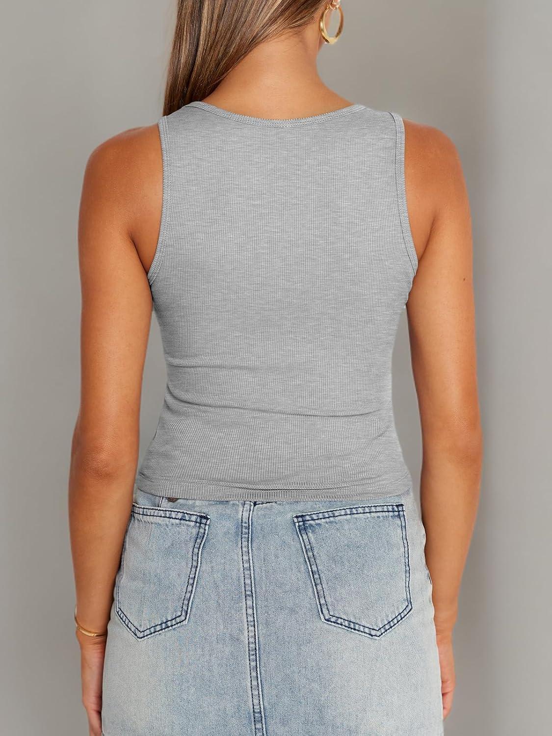imageTrendy Queen Womens Summer Tank Tops Square Neck Ribbed Sleeveless Basic Crop Going Out Slim Fitted Y2k Clothes 2025Grey