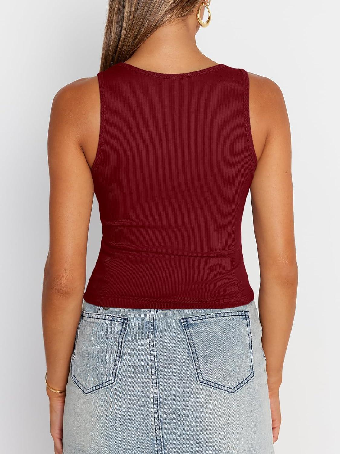 imageTrendy Queen Womens Summer Tank Tops Square Neck Ribbed Sleeveless Basic Crop Going Out Slim Fitted Y2k Clothes 2025Red