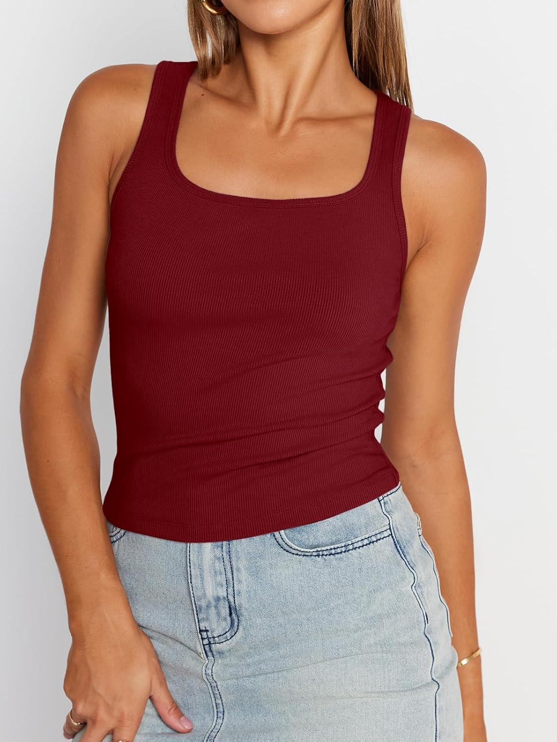 imageTrendy Queen Womens Summer Tank Tops Square Neck Ribbed Sleeveless Basic Crop Going Out Slim Fitted Y2k Clothes 2025Red