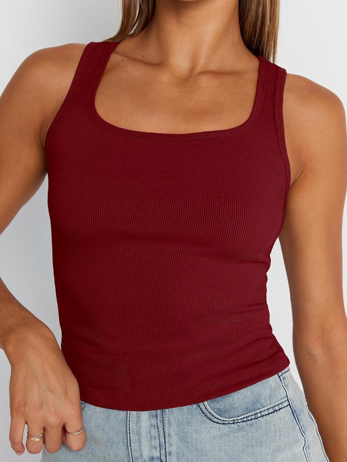 imageTrendy Queen Womens Summer Tank Tops Square Neck Ribbed Sleeveless Basic Crop Going Out Slim Fitted Y2k Clothes 2025Red