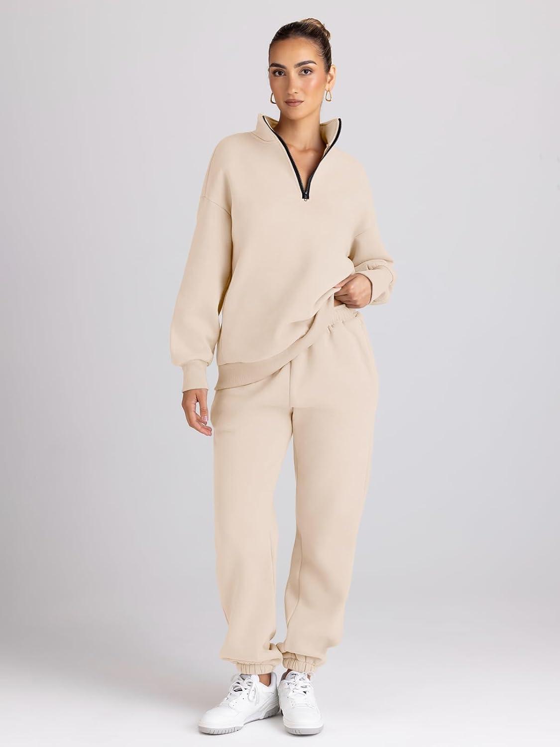 imageTrendy Queen Womens Sweatsuits 2 Piece Outfits Fall Lounge Sweat Sets Half Zip Sweatshirts with Baggy SweatpantsApricot