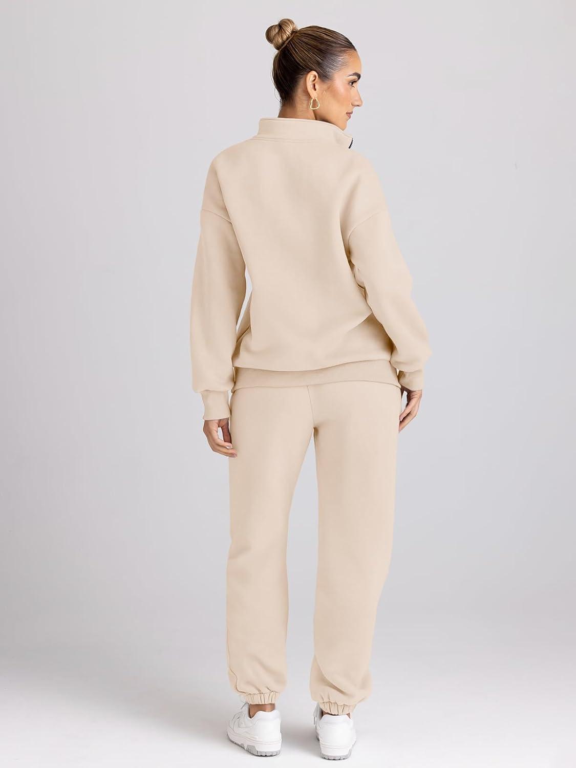 imageTrendy Queen Womens Sweatsuits 2 Piece Outfits Fall Lounge Sweat Sets Half Zip Sweatshirts with Baggy SweatpantsApricot