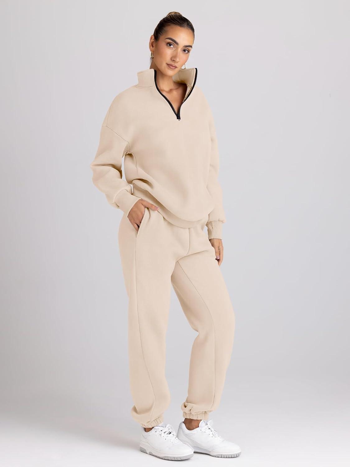 imageTrendy Queen Womens Sweatsuits 2 Piece Outfits Fall Lounge Sweat Sets Half Zip Sweatshirts with Baggy SweatpantsApricot