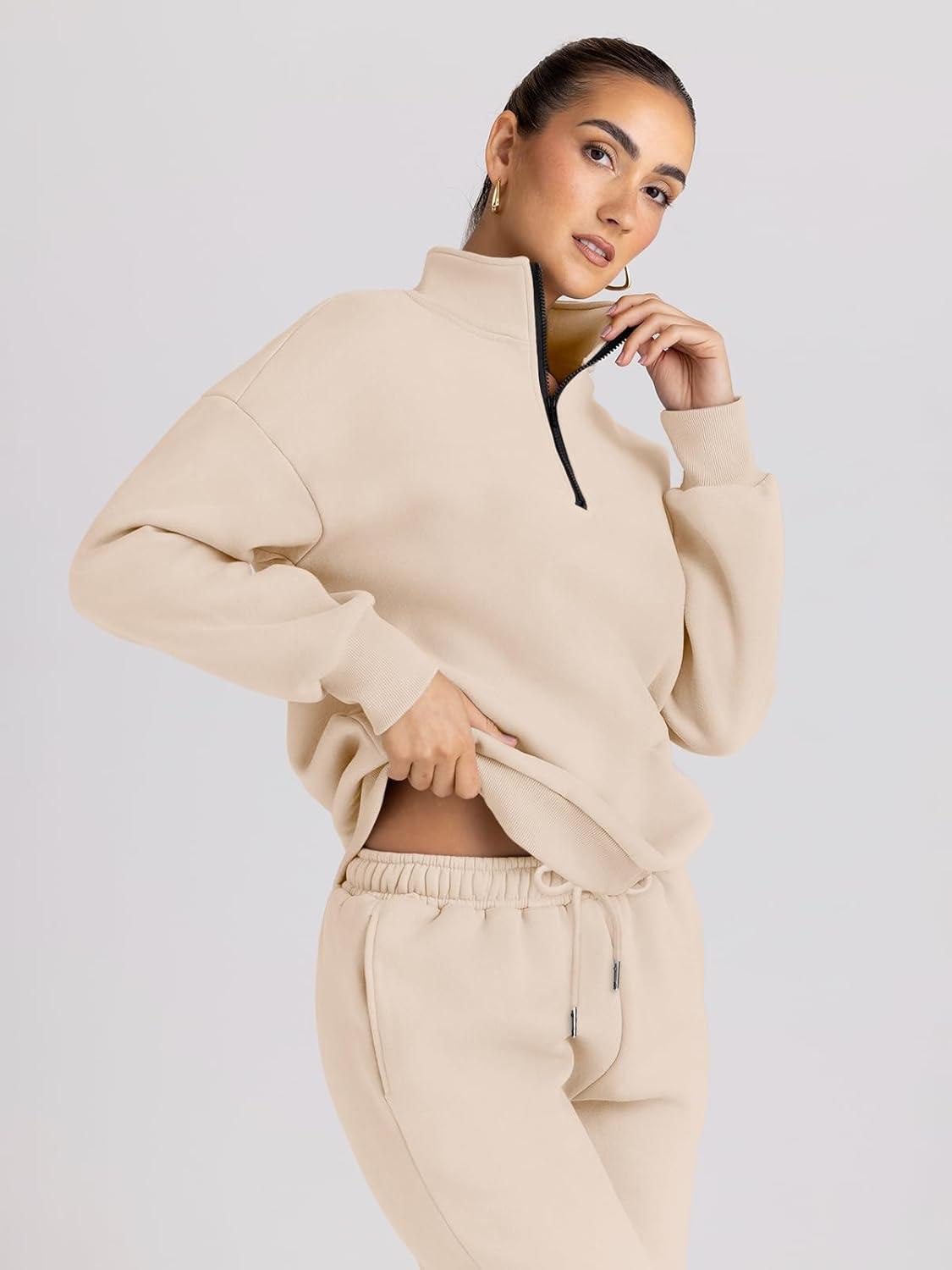 imageTrendy Queen Womens Sweatsuits 2 Piece Outfits Fall Lounge Sweat Sets Half Zip Sweatshirts with Baggy SweatpantsApricot