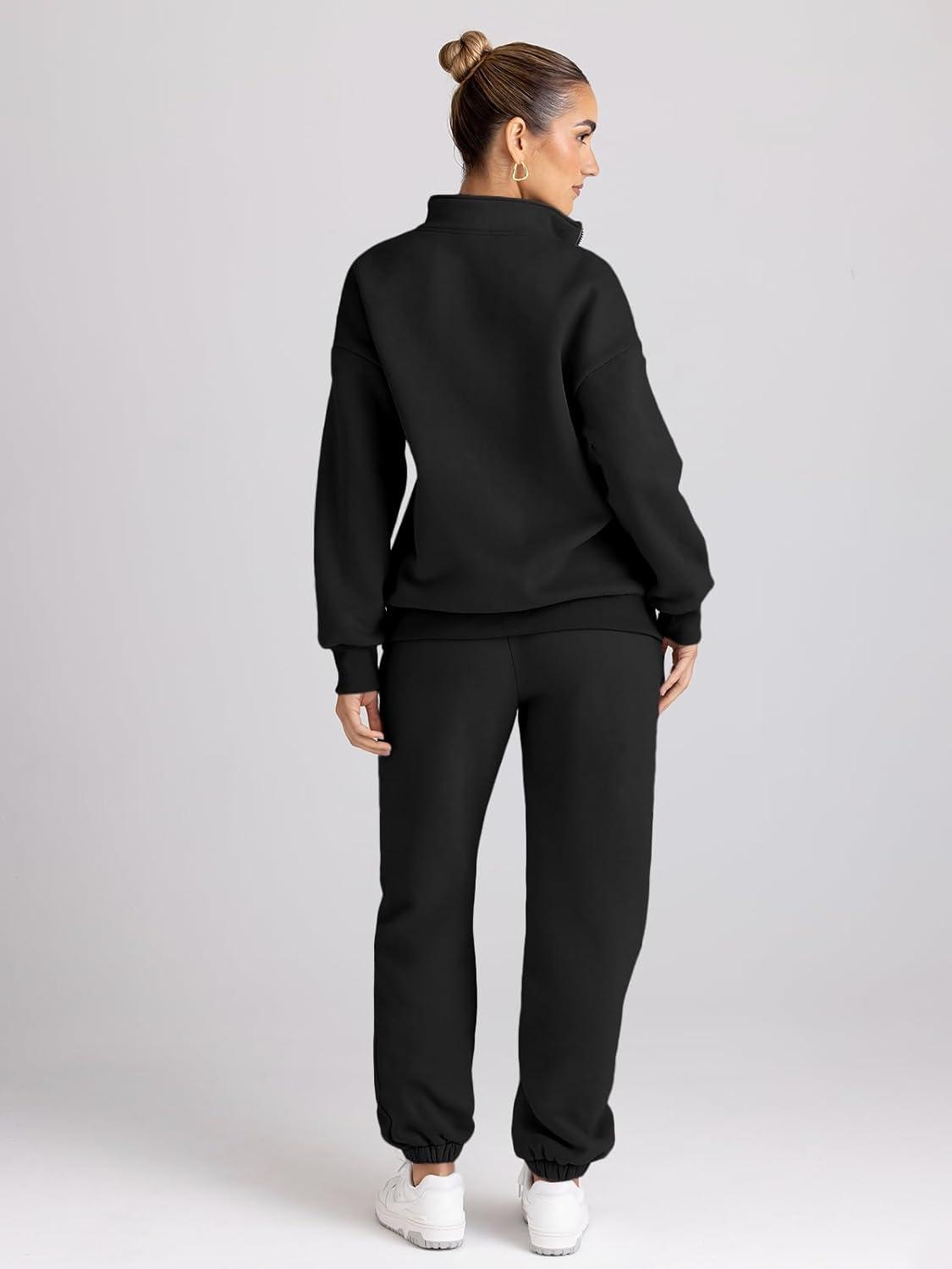 imageTrendy Queen Womens Sweatsuits 2 Piece Outfits Fall Lounge Sweat Sets Half Zip Sweatshirts with Baggy SweatpantsBlack