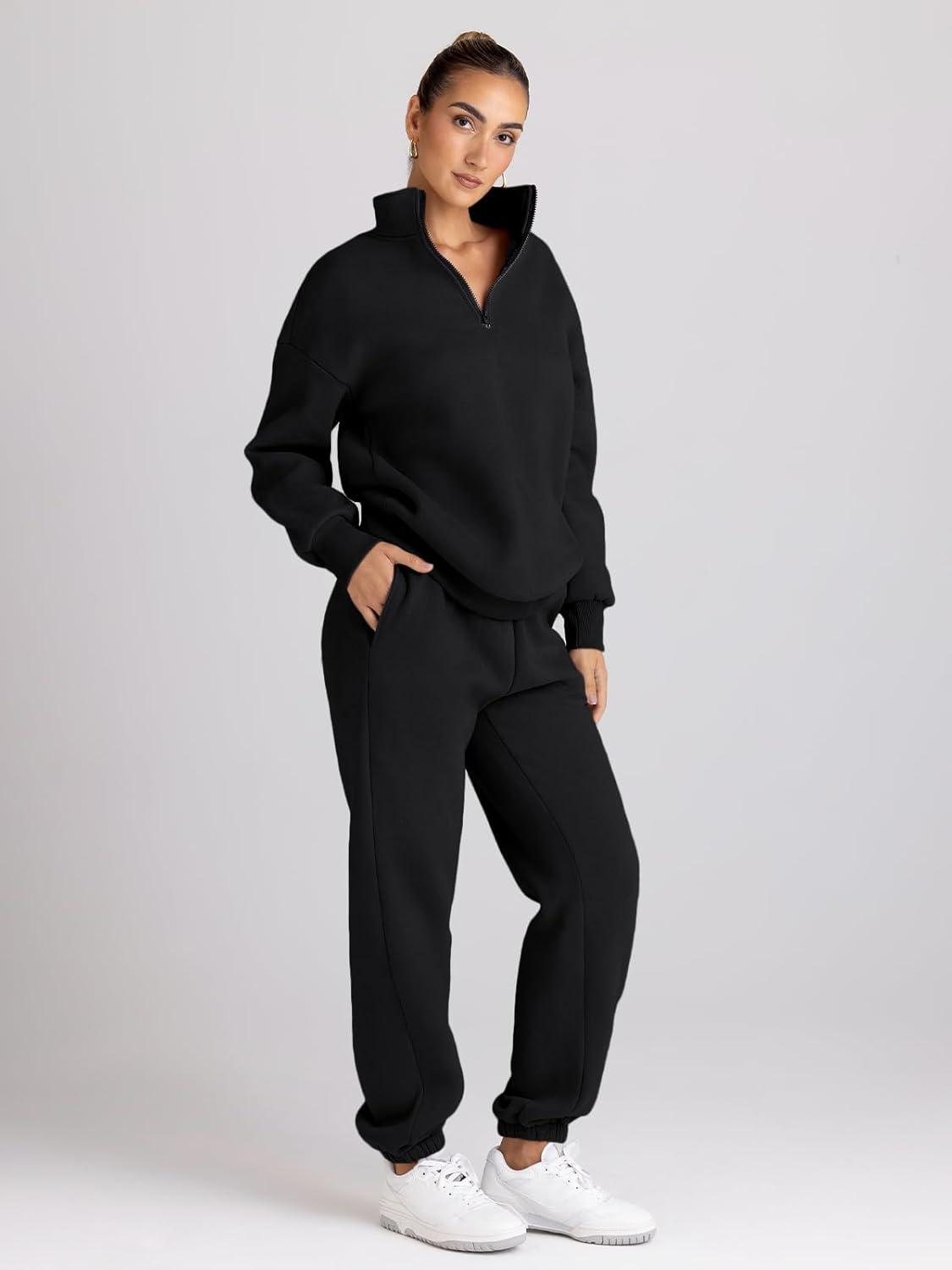 imageTrendy Queen Womens Sweatsuits 2 Piece Outfits Fall Lounge Sweat Sets Half Zip Sweatshirts with Baggy SweatpantsBlack