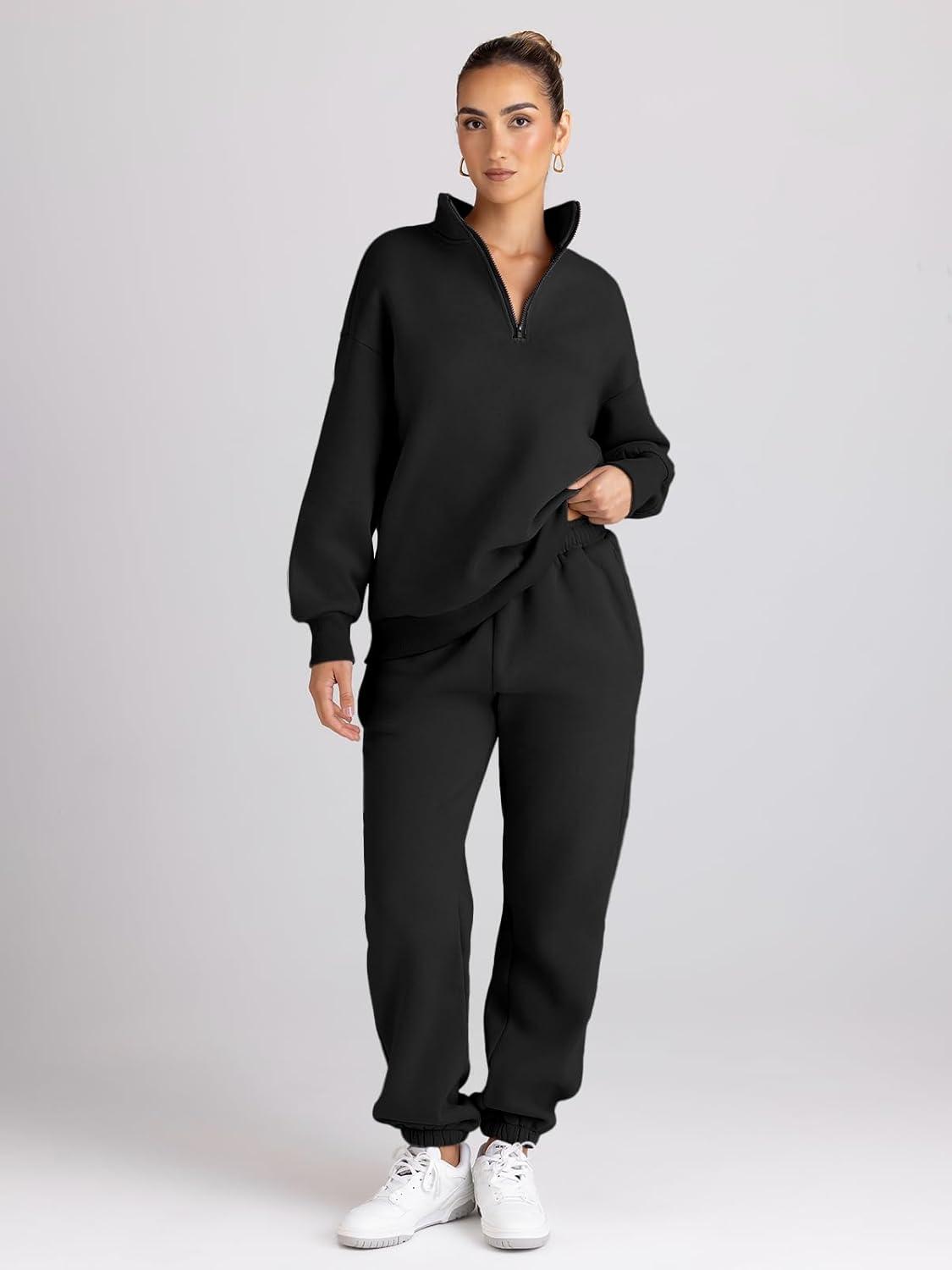 imageTrendy Queen Womens Sweatsuits 2 Piece Outfits Fall Lounge Sweat Sets Half Zip Sweatshirts with Baggy SweatpantsBlack