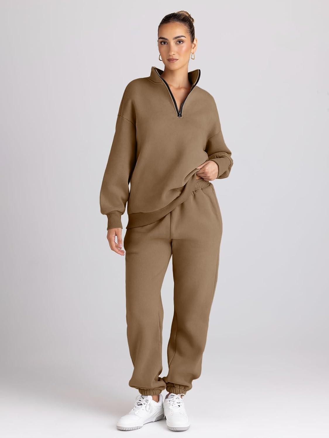 imageTrendy Queen Womens Sweatsuits 2 Piece Outfits Fall Lounge Sweat Sets Half Zip Sweatshirts with Baggy SweatpantsCoffee