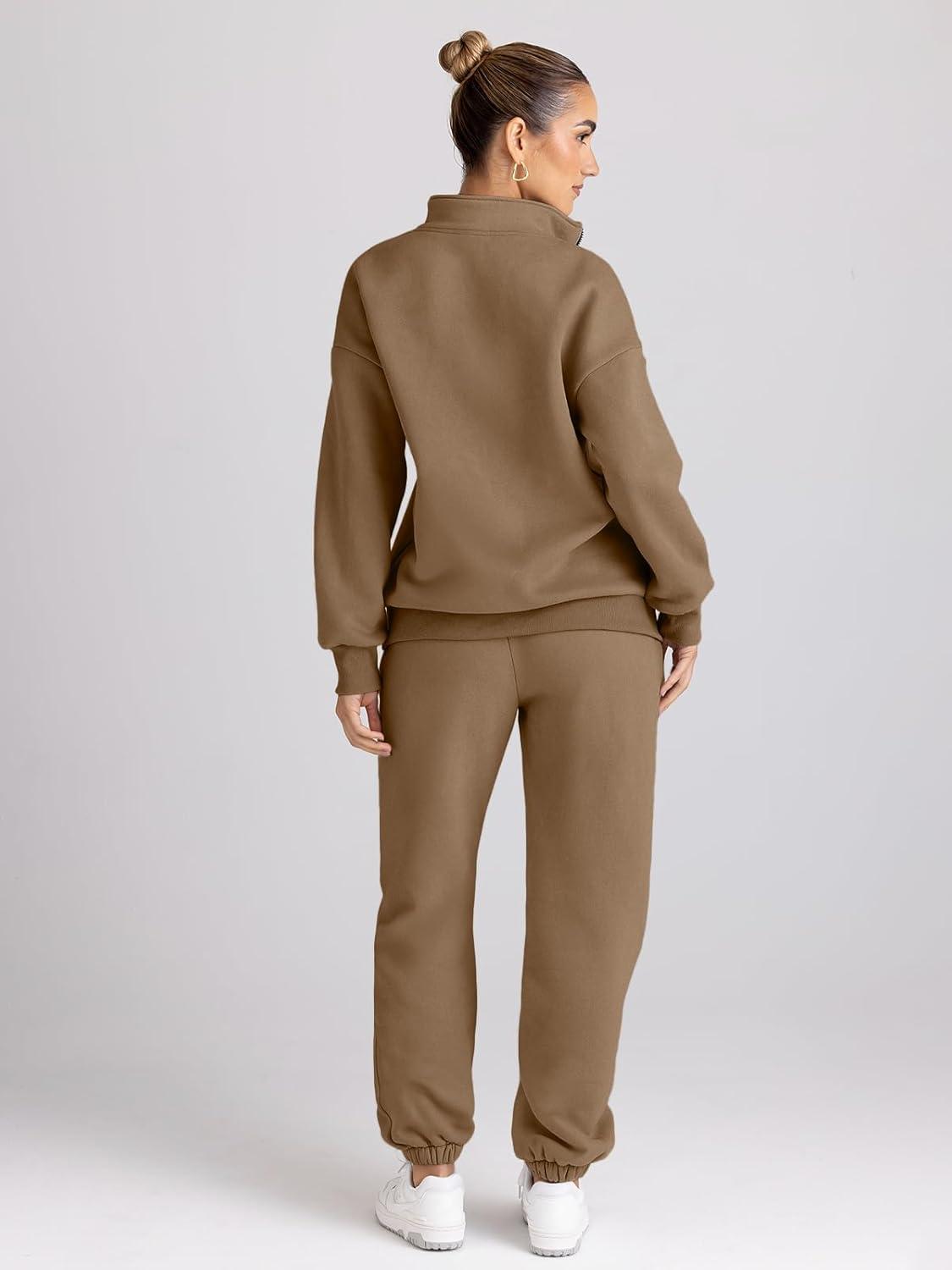 imageTrendy Queen Womens Sweatsuits 2 Piece Outfits Fall Lounge Sweat Sets Half Zip Sweatshirts with Baggy SweatpantsCoffee