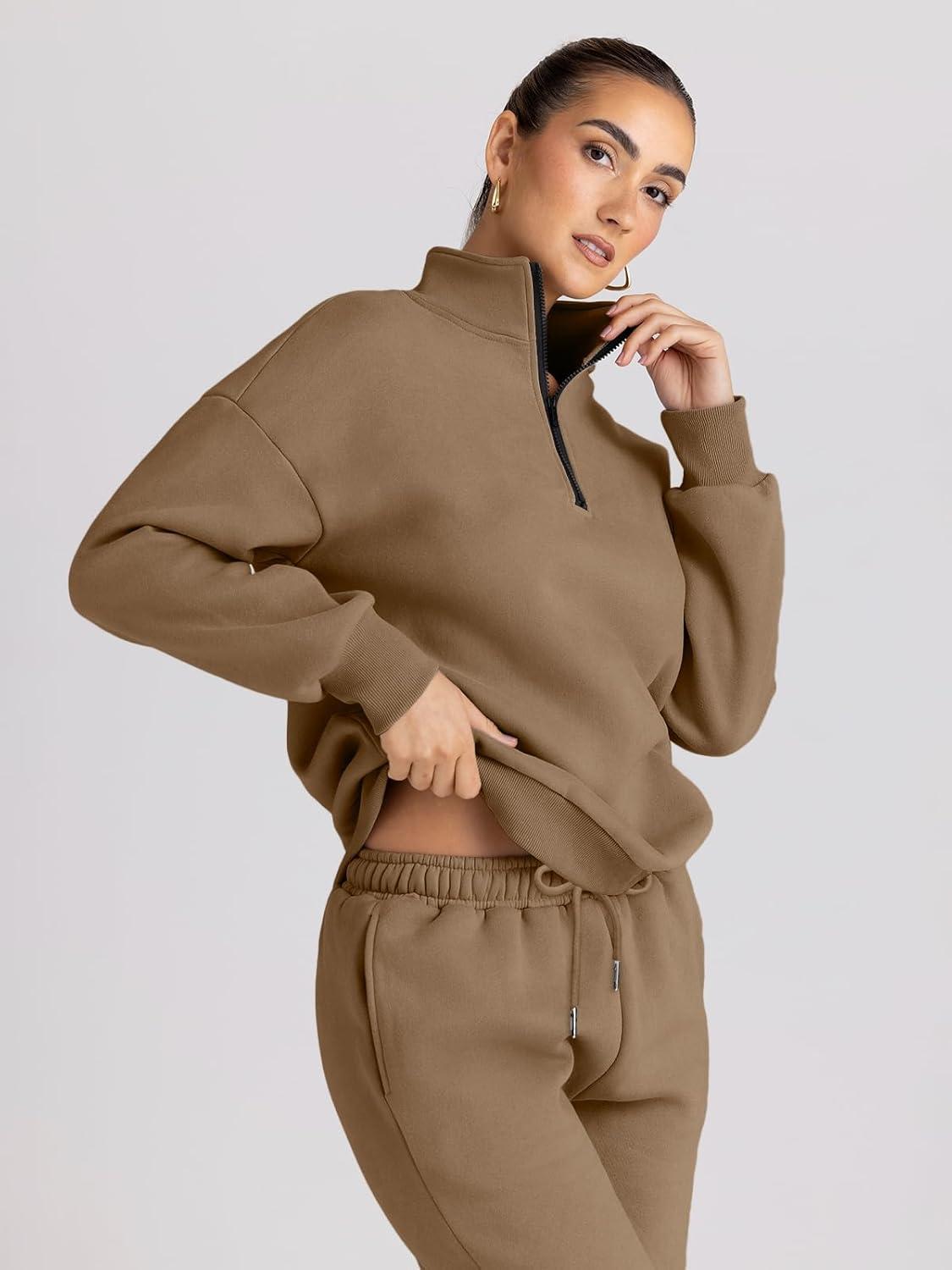 imageTrendy Queen Womens Sweatsuits 2 Piece Outfits Fall Lounge Sweat Sets Half Zip Sweatshirts with Baggy SweatpantsCoffee