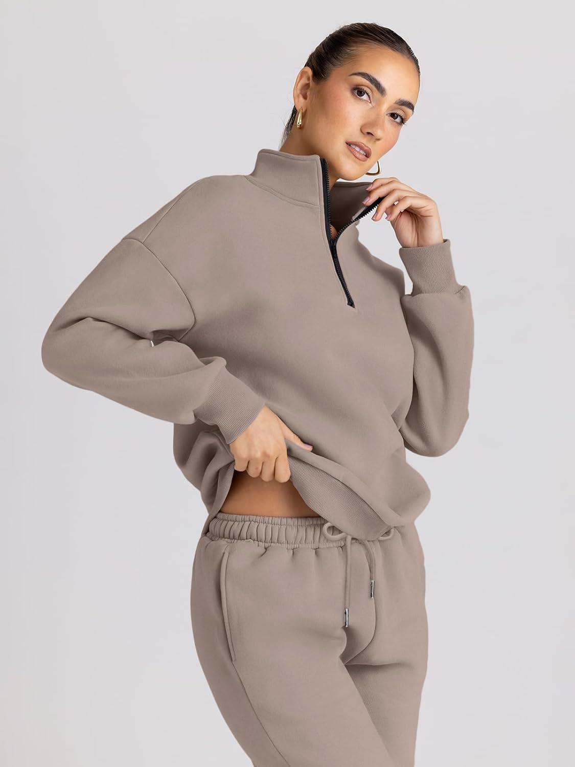 imageTrendy Queen Womens Sweatsuits 2 Piece Outfits Fall Lounge Sweat Sets Half Zip Sweatshirts with Baggy SweatpantsCoffeegrey