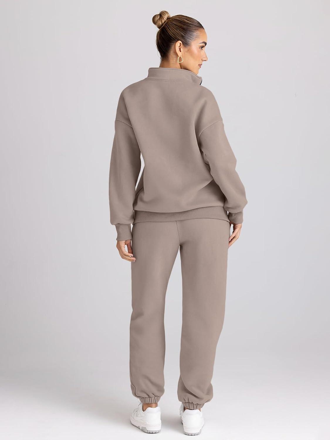 imageTrendy Queen Womens Sweatsuits 2 Piece Outfits Fall Lounge Sweat Sets Half Zip Sweatshirts with Baggy SweatpantsCoffeegrey