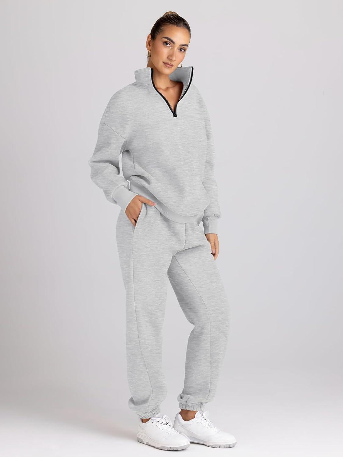 imageTrendy Queen Womens Sweatsuits 2 Piece Outfits Fall Lounge Sweat Sets Half Zip Sweatshirts with Baggy SweatpantsGrey