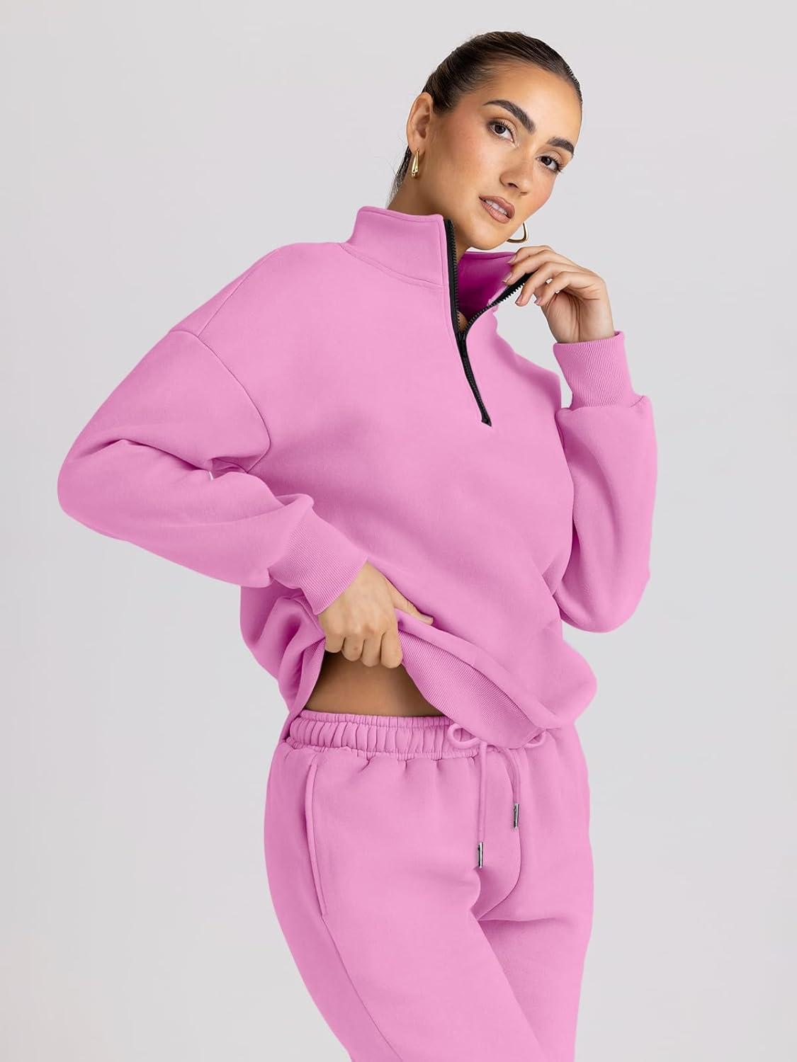 imageTrendy Queen Womens Sweatsuits 2 Piece Outfits Fall Lounge Sweat Sets Half Zip Sweatshirts with Baggy SweatpantsPink