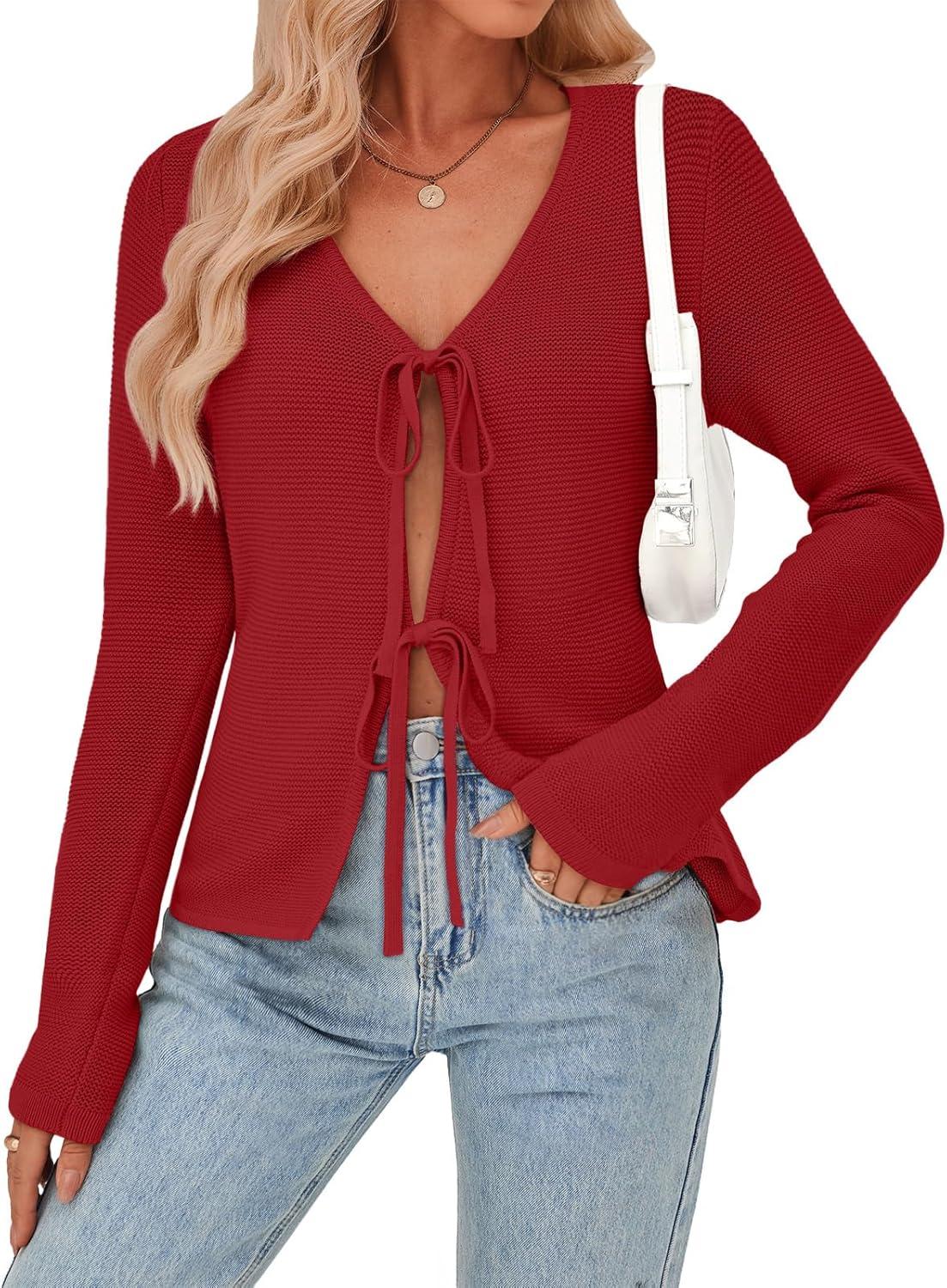 imageTrendy Queen Womens Tie Front Tops Fall Cardigan Sweaters 2025 Fashion Crochet Crop Winter Clothes Cute Y2K Casual OutfitsRed