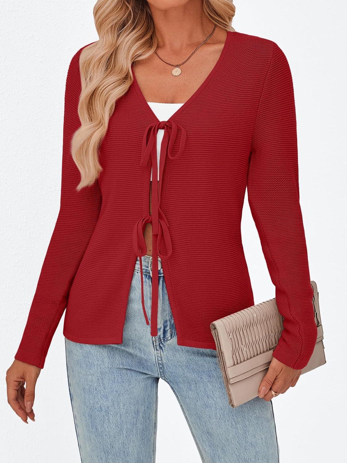 imageTrendy Queen Womens Tie Front Tops Fall Cardigan Sweaters 2025 Fashion Crochet Crop Winter Clothes Cute Y2K Casual OutfitsRed