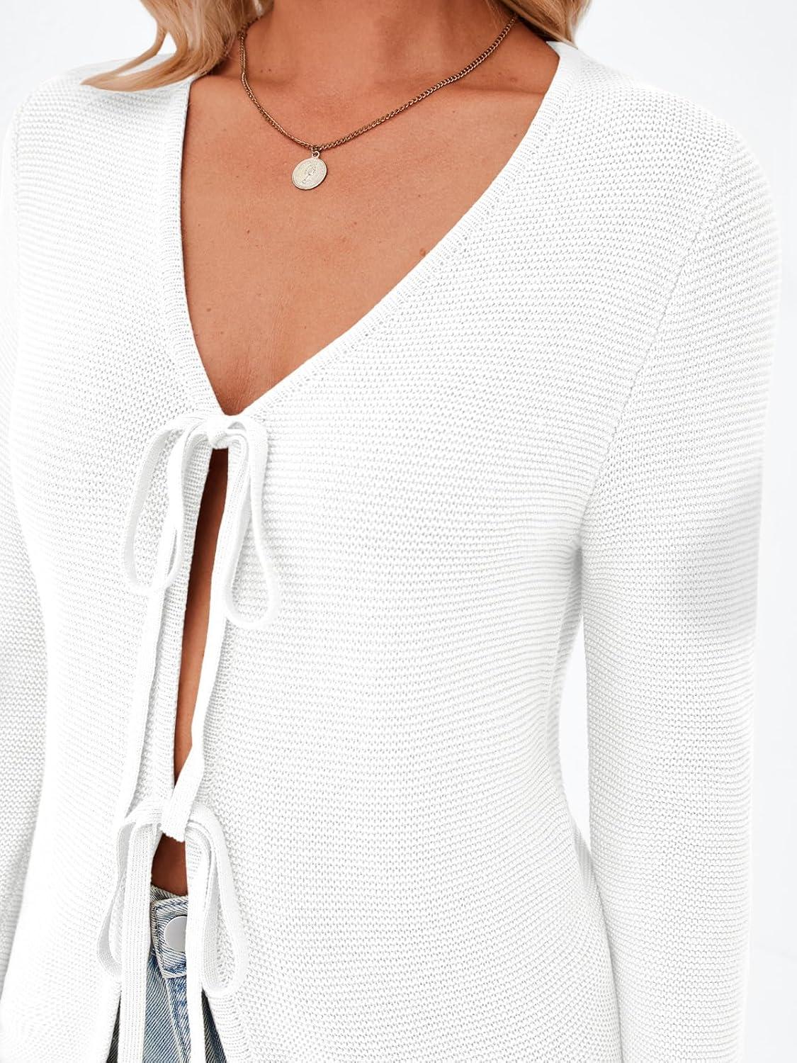 imageTrendy Queen Womens Tie Front Tops Fall Cardigan Sweaters 2025 Fashion Crochet Crop Winter Clothes Cute Y2K Casual OutfitsWhite