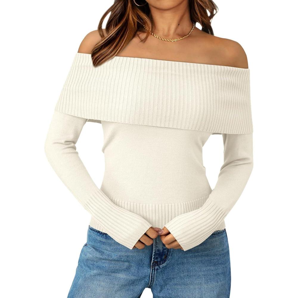 imageTrendy Queen Off The Shoulder Sweater for Women Cute Fall Going Out Tops Pullover Knit 2025 Sexy Date Night OutfitsBeige