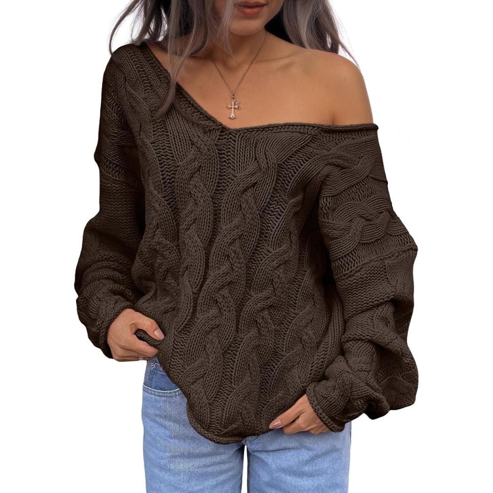 imageTrendy Queen Oversized Long Sleeve V Neck Cable Knit SweatersChocolate Brown