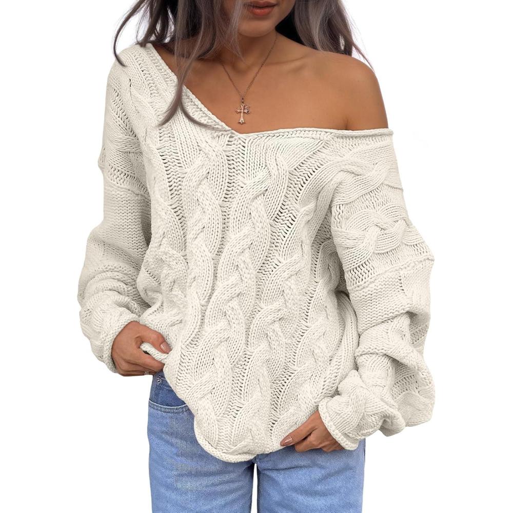 imageTrendy Queen Oversized Long Sleeve V Neck Cable Knit SweatersOffwhite