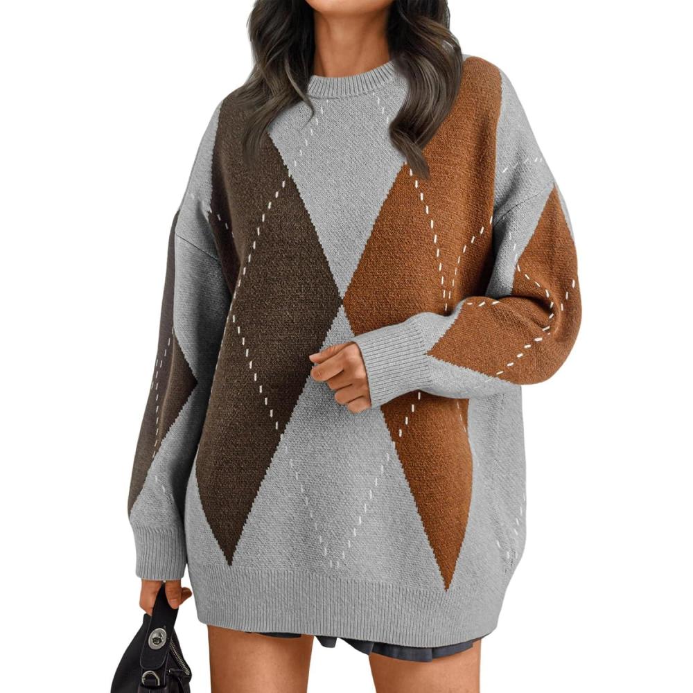imageTrendy Queen Womens Color Block Argyle Plaid Oversized Chunky Knit Crewneck Sweaters 2025Grey Coffee