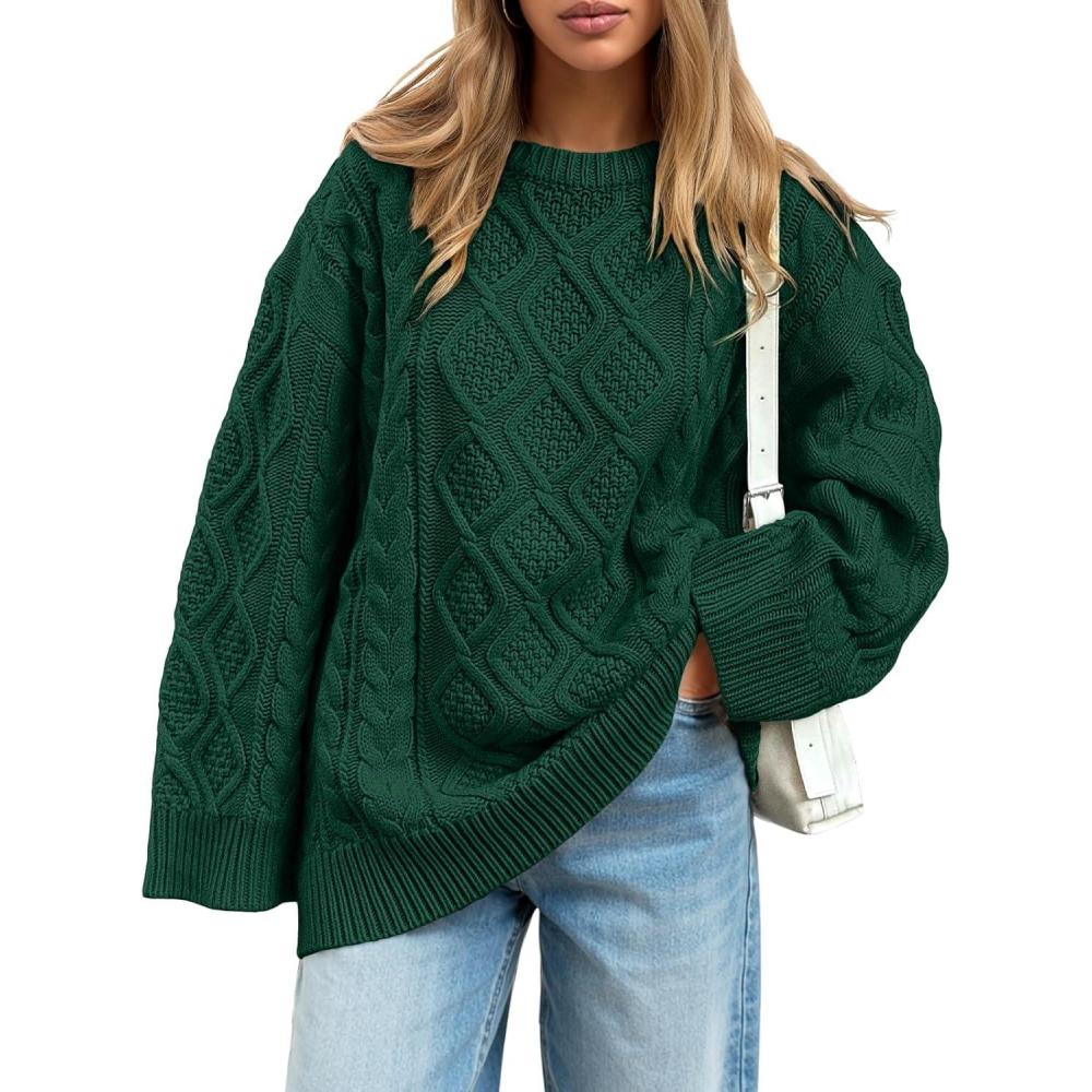 imageTrendy Queen Womens Oversized Cable Knit Crewneck Sweaters Cozy Winter ClothesGreen