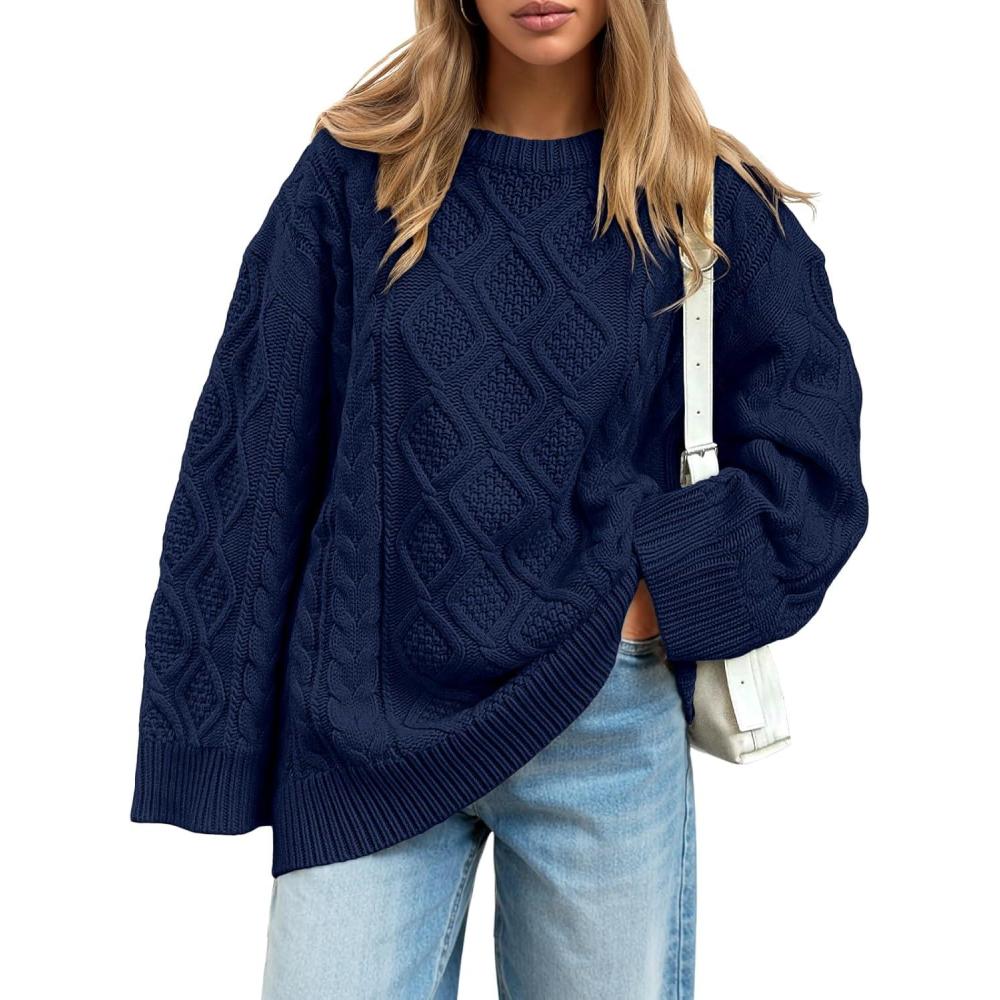 imageTrendy Queen Womens Oversized Cable Knit Crewneck Sweaters Cozy Winter ClothesNavy Blue