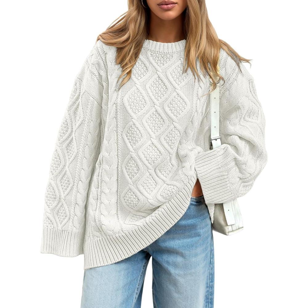 imageTrendy Queen Womens Oversized Cable Knit Crewneck Sweaters Cozy Winter ClothesWhite