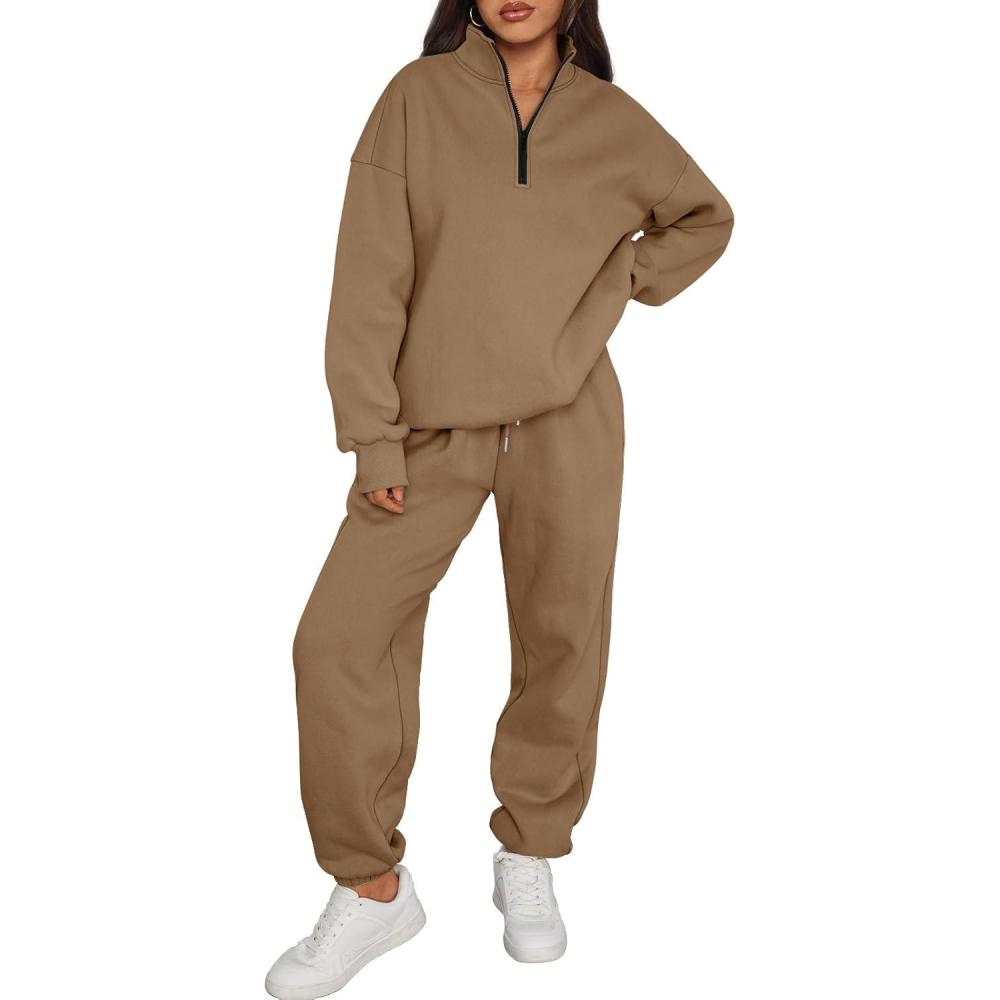 imageTrendy Queen Womens Sweatsuits 2 Piece Outfits Fall Lounge Sweat Sets Half Zip Sweatshirts with Baggy SweatpantsCoffee