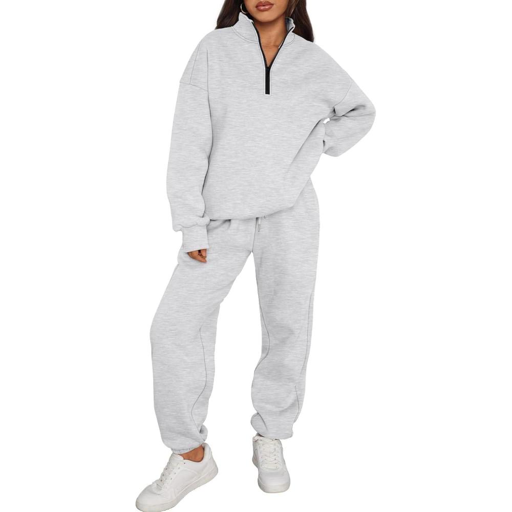 imageTrendy Queen Womens Sweatsuits 2 Piece Outfits Fall Lounge Sweat Sets Half Zip Sweatshirts with Baggy SweatpantsGrey