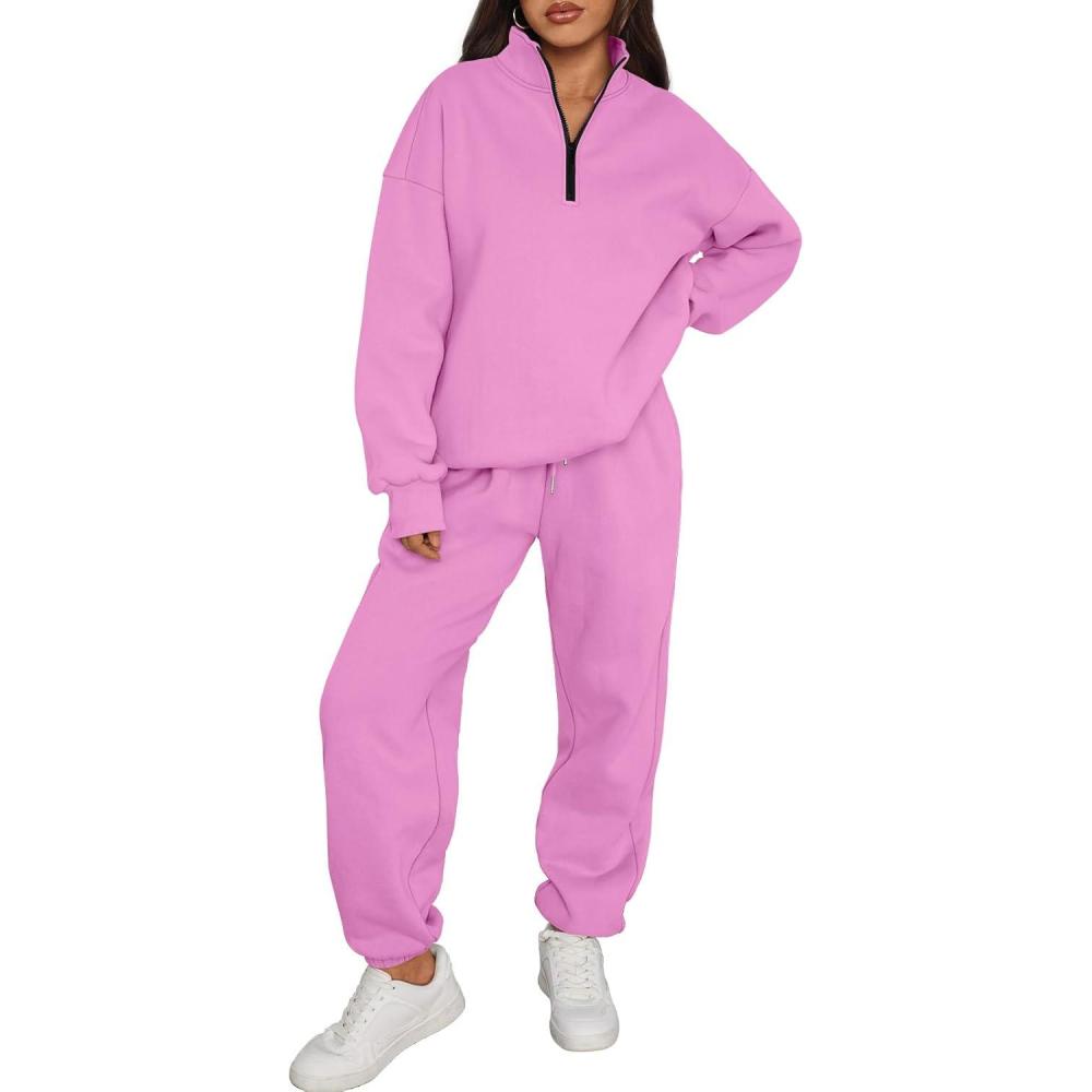 imageTrendy Queen Womens Sweatsuits 2 Piece Outfits Fall Lounge Sweat Sets Half Zip Sweatshirts with Baggy SweatpantsPink