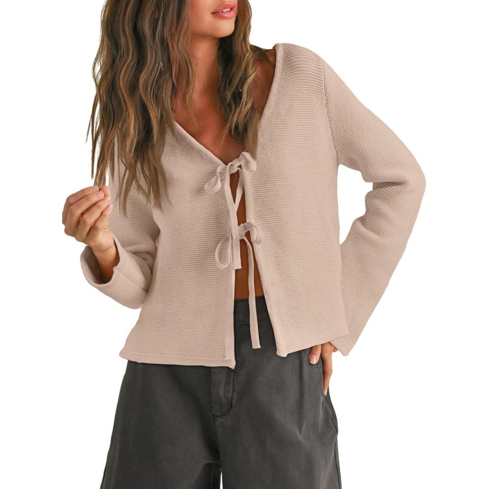 imageTrendy Queen Womens Tie Front Tops Fall Cardigan Sweaters 2025 Fashion Crochet Crop Winter Clothes Cute Y2K Casual OutfitsApricot