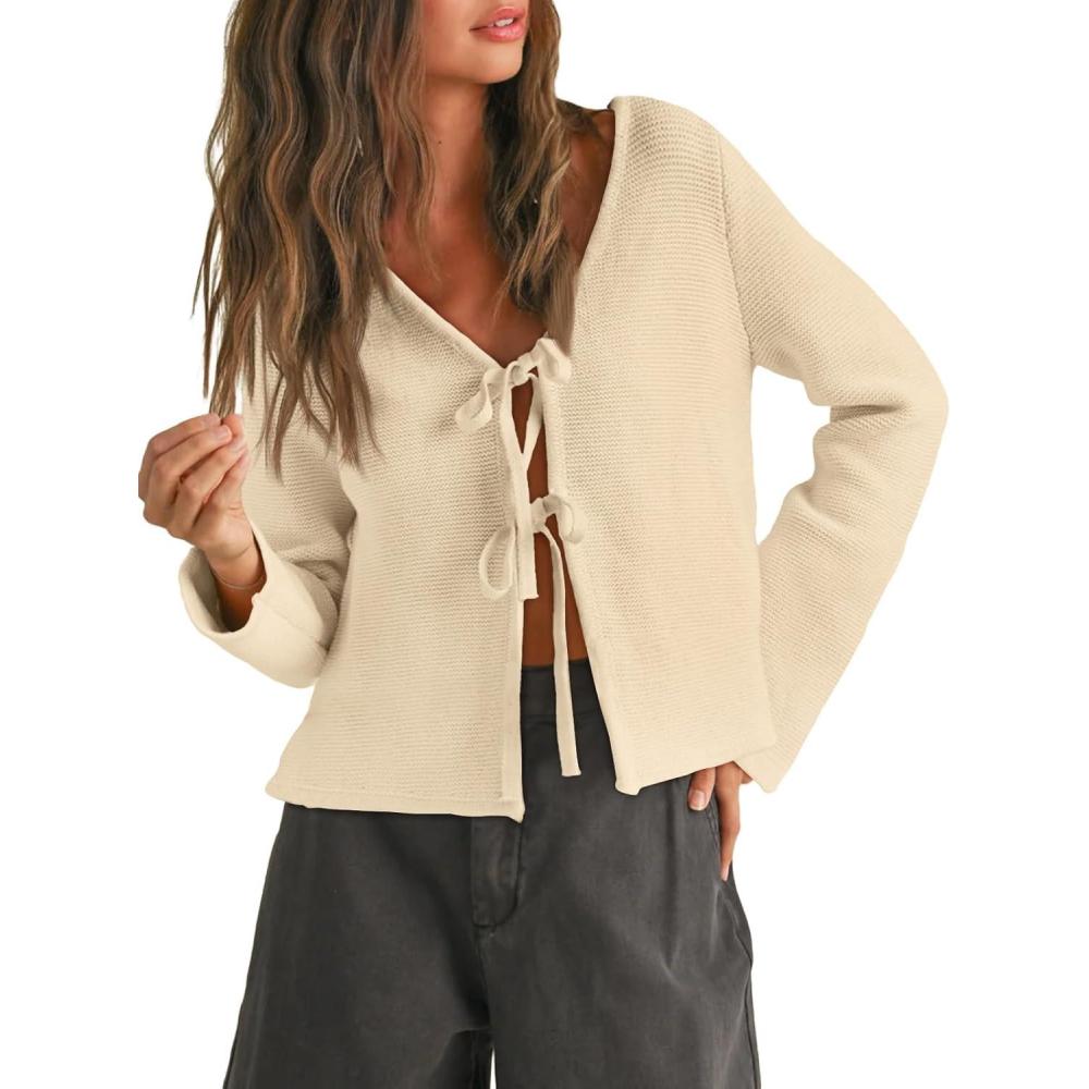 imageTrendy Queen Womens Tie Front Tops Fall Cardigan Sweaters 2025 Fashion Crochet Crop Winter Clothes Cute Y2K Casual OutfitsCream