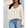 imageTrendy Queen Oversized Long Sleeve V Neck Cable Knit SweatersCream