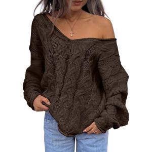 imageTrendy Queen Oversized Long Sleeve V Neck Cable Knit SweatersChocolate Brown